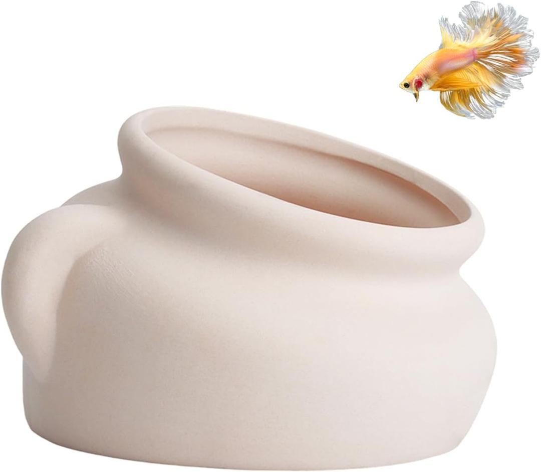 AnRui Pottery Jar Natural Fish Tank Decortation Aquarium Decor Betta Cave Hideout Ornament Accessories for Fish, Shrimp, for Fish Tanks of 5/10/15 Gallons, Beige