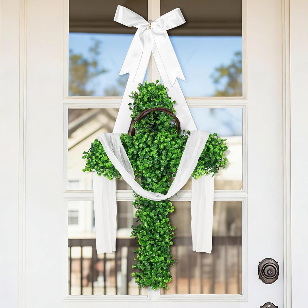 Zeyune Large He is Risen Cross Wreath Green Faux Plant Wooden Design Foldable Easter Door Wreath Decoration for Front Door Christian Faith Hanging for Spring Home Porch Farmhouse