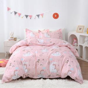 JSD Pink Unicorn Kids Duvet Cover Set Queen Size, 3 Piece Girls Printed Microfiber Bedding Comforter Cover with Pillow Shams Zipper Closure, Comforter Not Included