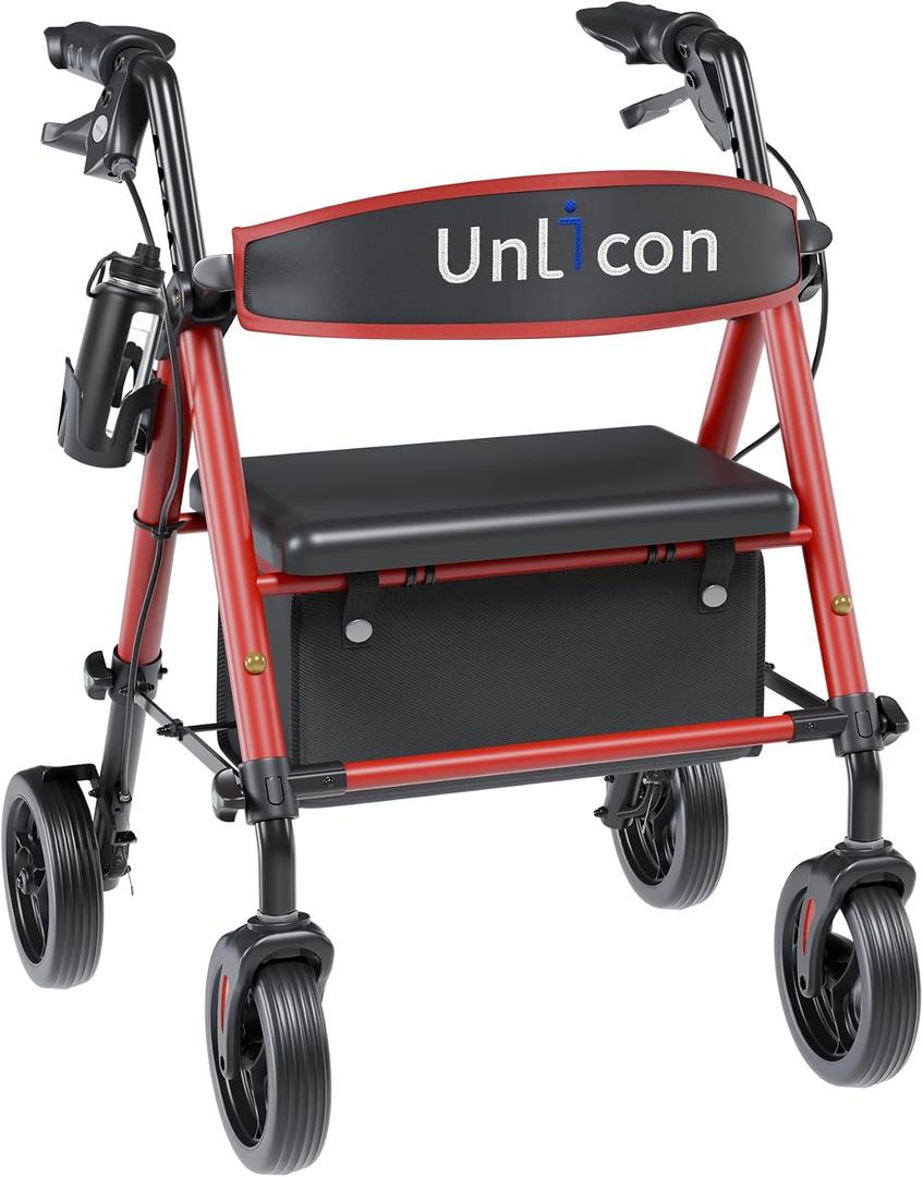 Rollator Walkers with Seat, Rollator Walker with Durable, 8'' Big Wheels, 350 lb. Weight Capacity, Adjustable Handles and Seat Height Lightweight Rolling Walker for Seniors-Red