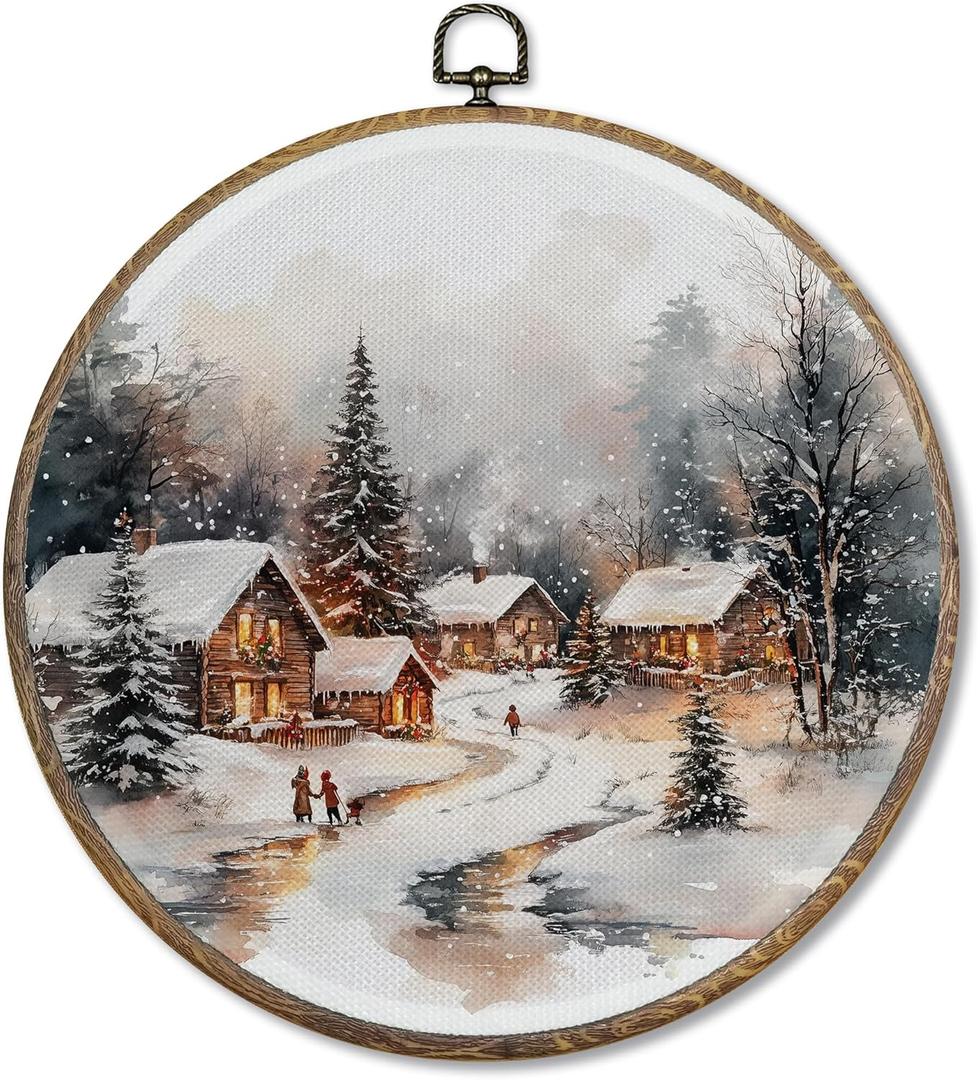 FUGWN Christmas Village Round Wall Art Decor Framed, Rustic Winter Landscape Canvas Artwork Prints, Cozy Winter Christmas Country Wall Hanging Decorations for Home Living Room Bedroom, 10x10 Inch (color-6)
