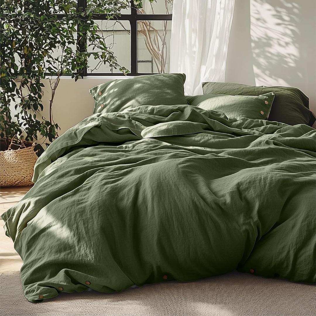Bedsure Linen Duvet Cover King - Linen Cotton Blend Bedding Set, Soft & Cozy, 3 Pieces, 1 Duvet Cover 104x90 Inches and 2 Pillowcases, Olive Green Color Cooling Bedding, Comforter Sold Separately