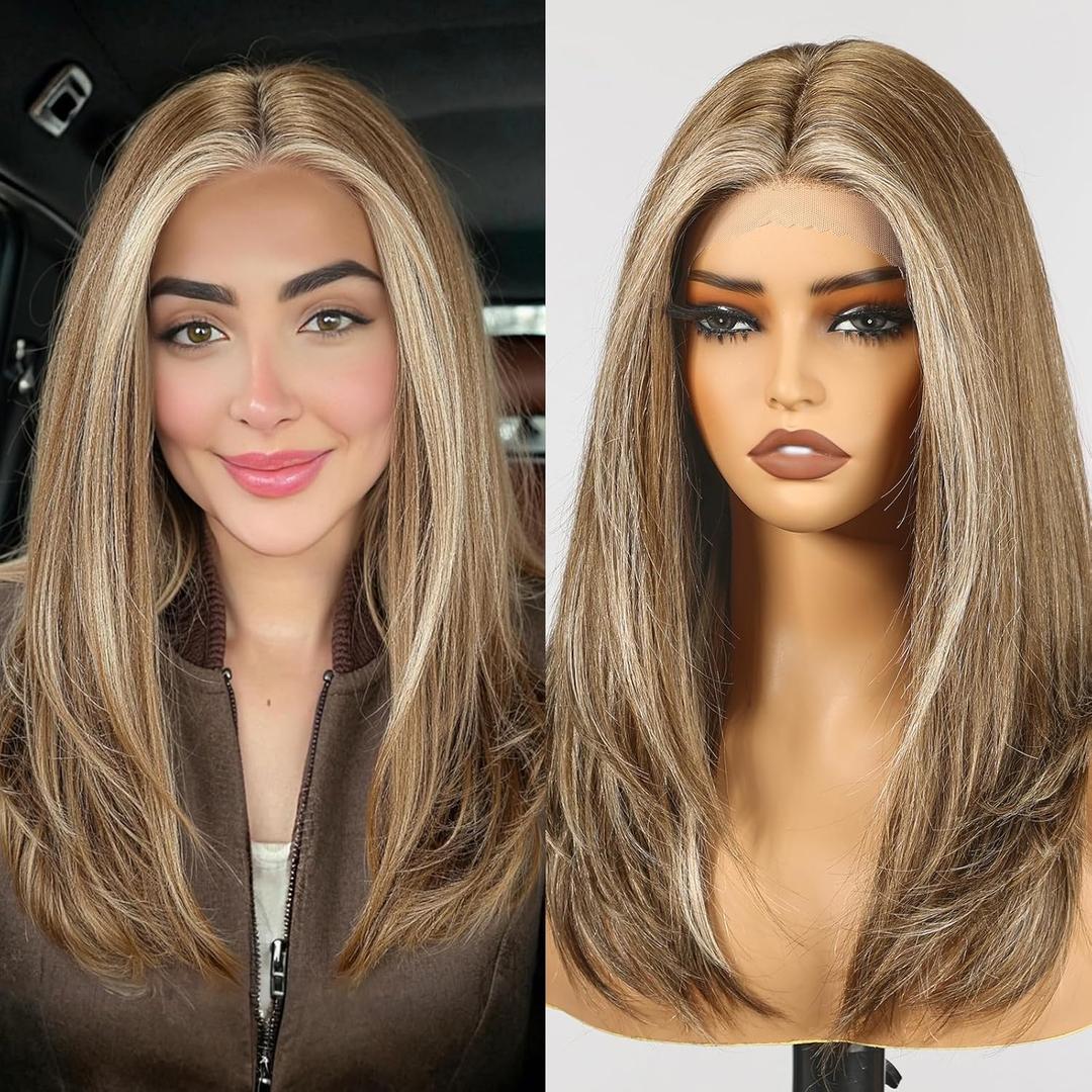 BLONDE UNICORN Ash Brown Human Hair Wigs,Grey Brown Highlight Lace Front Wig,13X5X1 Glueless Shoulder Length Curly Wigs for White Women,Fiber & Remy Human Hair Blend for Daily Use 18IN BLONDE UNICORN Ash Brown Human Hair Wigs,Grey Brown Highlight Lace Front Wig,13X5X1 Glueless Shoulder Length Curly Wigs for White Women,Fiber & Remy Human Hair Blend for Daily Use 18IN