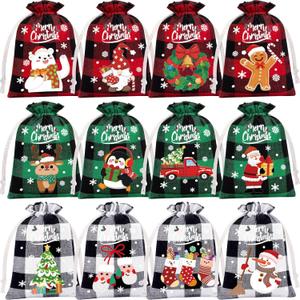 72Pcs Burlap Christmas Drawstring Bags - Buffalo Plaid Xmas Candy & Gift Bags - Small Linen Treat Sacks - Reusable Holiday Party Favors (1 Count (Pack of 72), Red, Green & White Black)
