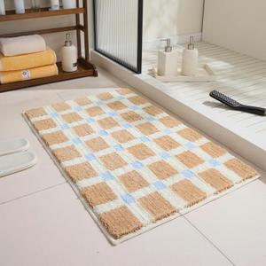 GIB Tan Brown Checkered Bathroom Rug Mat 24" x 16", Blue Accent, Extra Soft Absorbent Non-Slip Washable Plush Fluffy Shaggy Microfiber Bath Mat for Bathroom Floor, Aesthetic Small Bedroom Rug