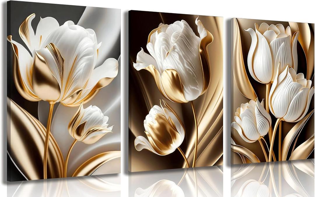 3Pcs Abstract White Gold Floral Canvas Wall Art Modern Luxury Minimalism Painting Pictures Wall Decor tulip Plants Posters Prints Artwork for Living Room Bedroom Office Home Decoration 16 x 24in