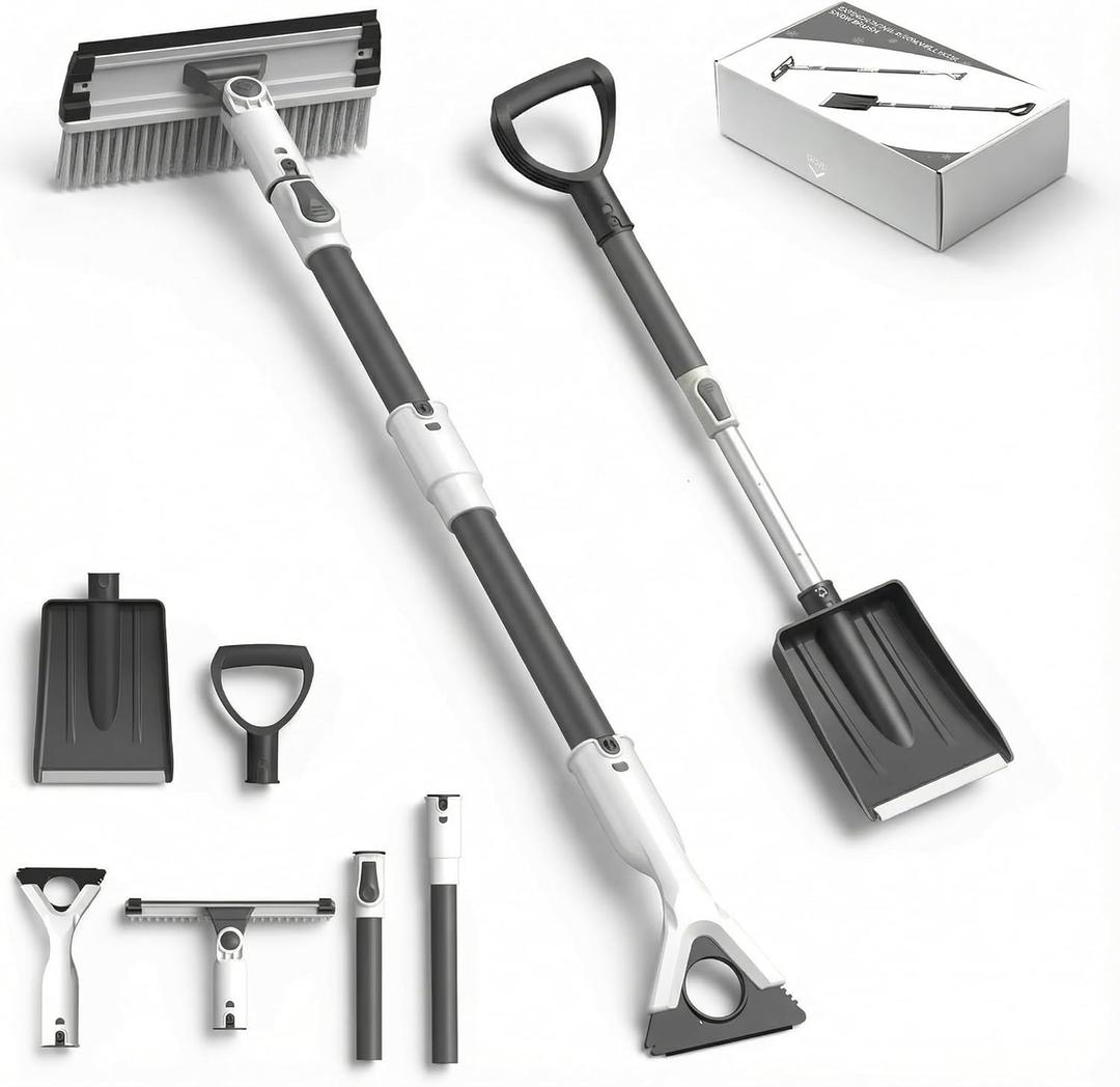 47.3" Car Snow Brush and Ice Scraper, 3-in-1 Extendable Snow Scraper with Wide Head Snow Shovel and Ice Scraper 180° Pivoting Snow Brush Head for Car Windshield, Durable Snow Remover with Foam Grip