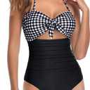 Tempt Me Women Sexy Cutout One Piece Swimsuits Tummy Control High Waisted Halter Front Tie Knot Bathing Suit (Small, Black Plaid)