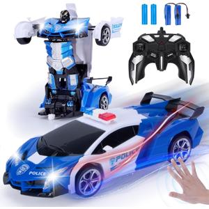 Wrystte Remote Control Police Car,Gesture Sensing Transform Robot 2.4G RC Cars Toys for Ages 4-12,Boy Toys with Light Music,One Button Deformation,360 Rotating Drift, Xmas Birthday Gift for Boys Girls (Blue & White)