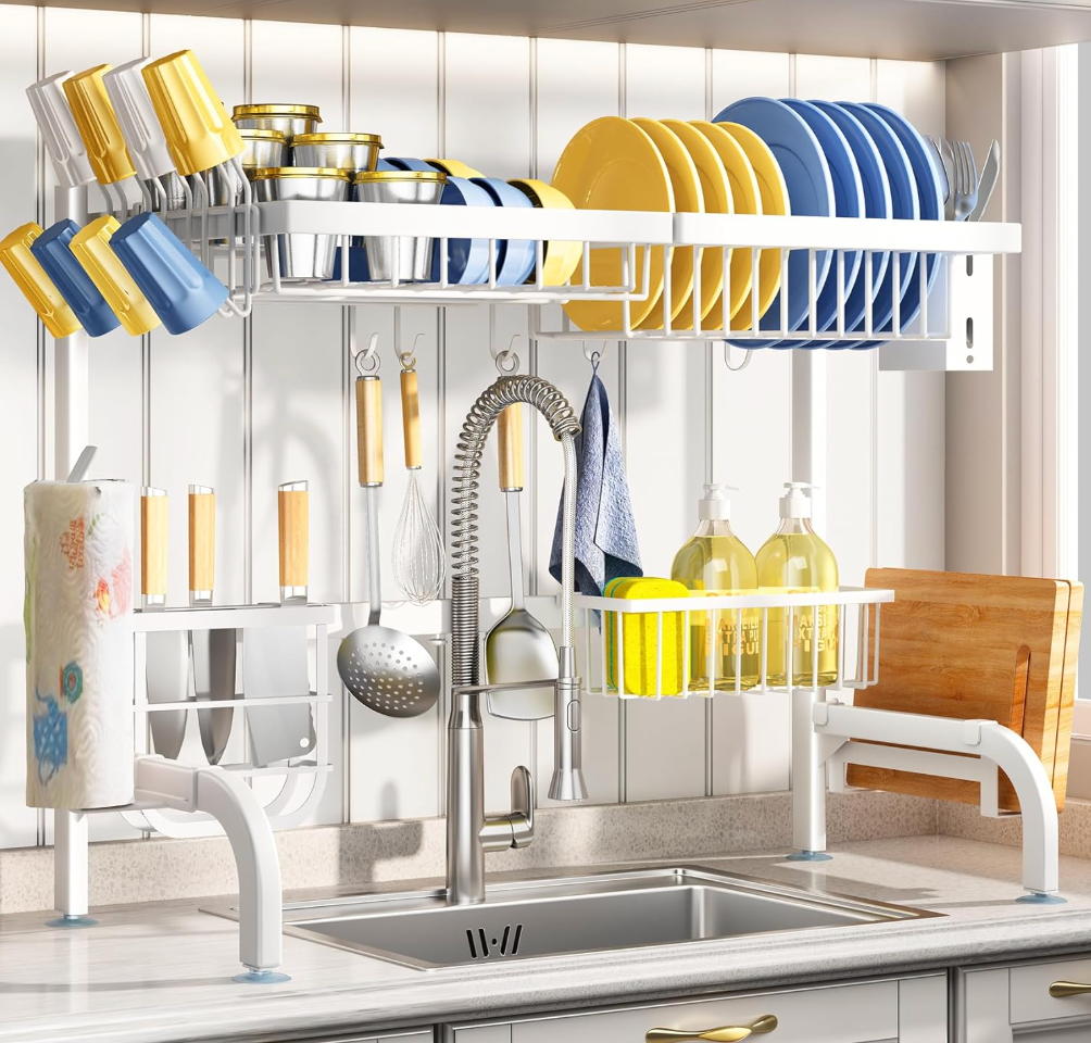 Over The Sink Dish Drying Rack, Adjustable (25.5 to 36.5 inch) 2 Tier Metal Steel Dish Drying Racks for Kitchen Counter with Hooks Paper Towel Utensil Cup Holder Sink Caddy (White)