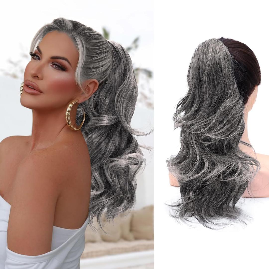 NAYOO Claw Clip Ponytail Extension Grey 18" Long Wavy Ponytail Clip in Hair Extensions for Women Curly Natural Layered Pony Tails for Short Thin Hair Synthetic Hairpiece(Salt and Pepper)