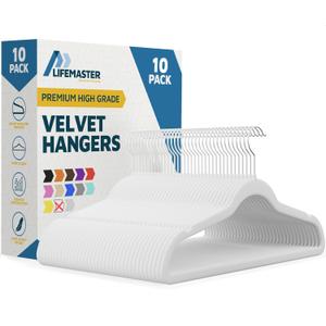 Lifemaster Velvet Clothes Hanger  with 360 Degree Swivel Hook and Non-Slip Shoulder Notch, Holds Up to 10 lbs, Heavy Duty Hanger Set, for Organizing Suit, Dress, Coat, and Clothes, Pack of 10, White