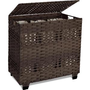 OIAHOMY Laundry Hamper with Lid, 140L Clothes Hamper with 3 Removable Liner Bags, Foldable Basket with Lid, Synthetic Wicker Laundry Basket for Bedroom, 27x 13 x 26 Inches, Brown