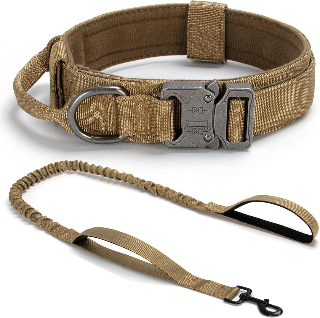 Tactical Dog Collar Set, Adjustable Military Training Nylon Dog Collar with Control Handle and Heavy Quick-Release Metal Buckle for Small Medium Large Dogs, Brown Set L