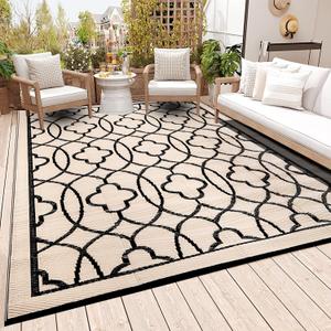Reversible Mats - Outdoor Rugs 9'x12' for Patios Clearance, Plastic Straw Rugs Waterproof, Portable, Outdoor RV Camping Rug, Garden, Balcony, Picnic, Beach, Camping(Black & Beige)