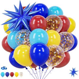 52pcs Red Blue Yellow Balloon Set, 12 Inch Star Foil and Confetti Balloons, Cartoon Video Game Themed Decorations for Sweet One Birthday Party Supplies, Baby Shower, Backdrop Decor for Boys Girls