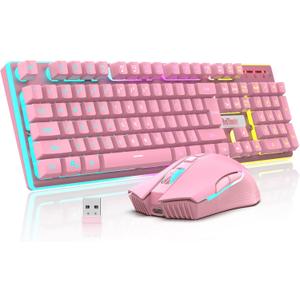 RedThunder K10 Wireless Gaming Keyboard and Mouse Combo, LED Backlit Rechargeable 3800mAh Battery, Mechanical Feel Antighosting Keyboard + 7D 3200DPI Mice for PC Gamer (Pink)