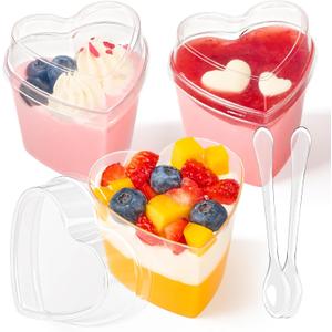 TOFLEN 50 Pack Heart Shaped Dessert Cups with Lids and Spoons, 5 oz Mini Plastic Shooter Cups for Parfait, Pudding, Fruit, Cheesecake, Mousse, Jello, Yogurt, Appetizer