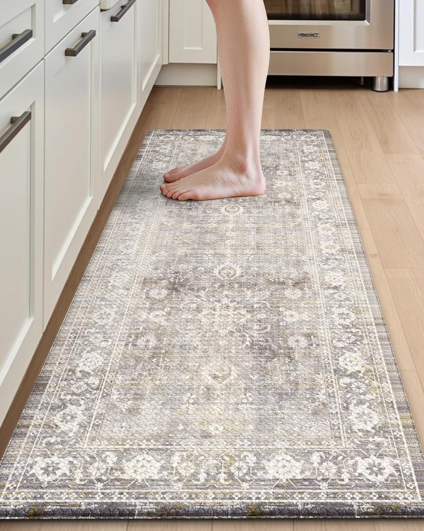 DEXI Kitchen Floor Mats Cushioned Anti Fatigue, 23x59 Long Wide Standing Comfort Runner Rug, Waterproof Retro Floral Memory Foam Padded for Front Sink Laundry, Beige Grey