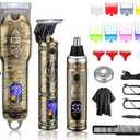 Suttik Hair Clippers for Men Nose and Beard Trimmer Set of 3, Professional Cordless Barber Clippers for Hair Cutting Grooming Kit, Rechargeable, LCD Display (Gold)