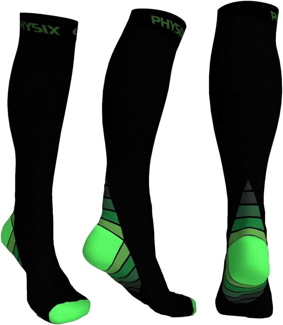 Physix Gear Compression Socks 20-30 mmHg - Men & Women - Running, Nurses, Shin Splints, Flight, Travel (L/XL, Black/Green)