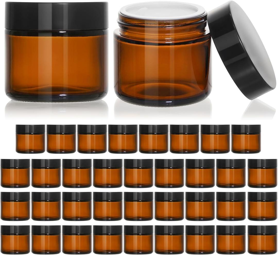 KEYWING 2oz Small Glass Jars, 35 Pack Amber Glass Cosmetic Jars with Black Lids, Round Sample Container with Inner Liners for Cream, Lotions, Powders and Ointments