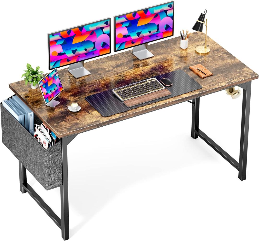 OLIXIS Computer Office Desk, 55 Inch Writing Work Study PC Wood Modern Desk with Storage Bag & Headphone Hook Simple Bedroom for 2 Person Kids Student Table, Rustic Brown