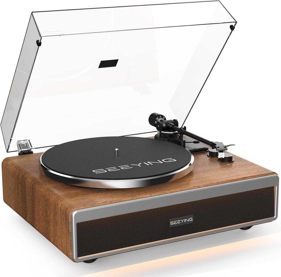 SeeYing Vinyl Record Player with Built in HiFi Speakers, Bluetooth Belt Drive Turntable for Vinyl Records with Magnetic Cartridge, Auto Stop and Warm Light Design