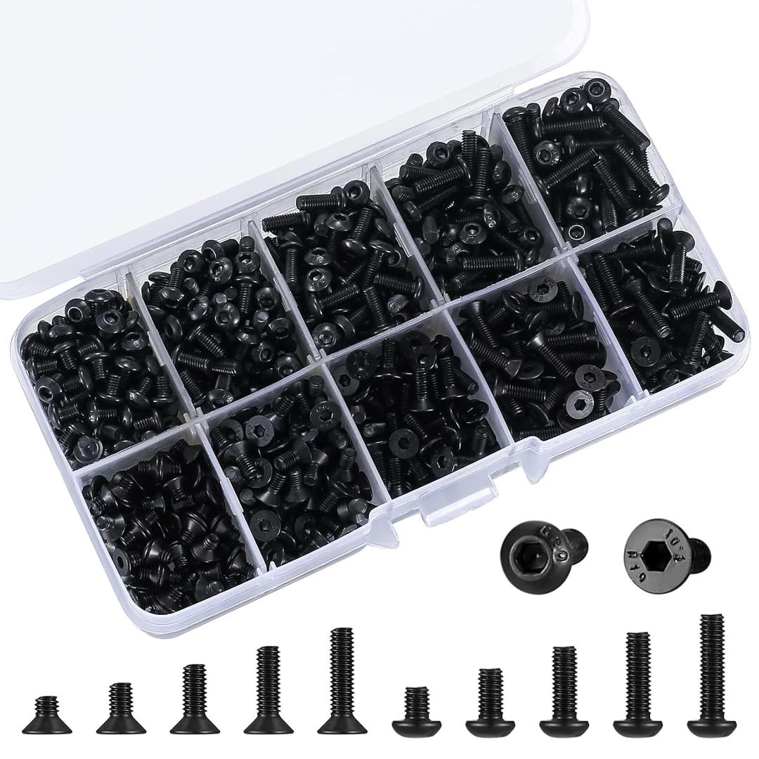 720 Pcs M3 Hex Socket Cap Bolts Screws Assortment Kit, Pan & Flat Head Hex Button Head Screws Assorted, Black Alloy Steel, M3x(4mm/6mm/8mm/10mm/12mm) (Black)