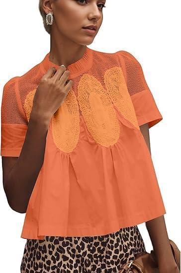 MISSACTIVER Women Lace Trim Short Sleeve Blouse Swing Crew Neck Ruffle Hem Mesh Shirts Summer Loose Poplin Babydoll Tops (Medium, Orange)