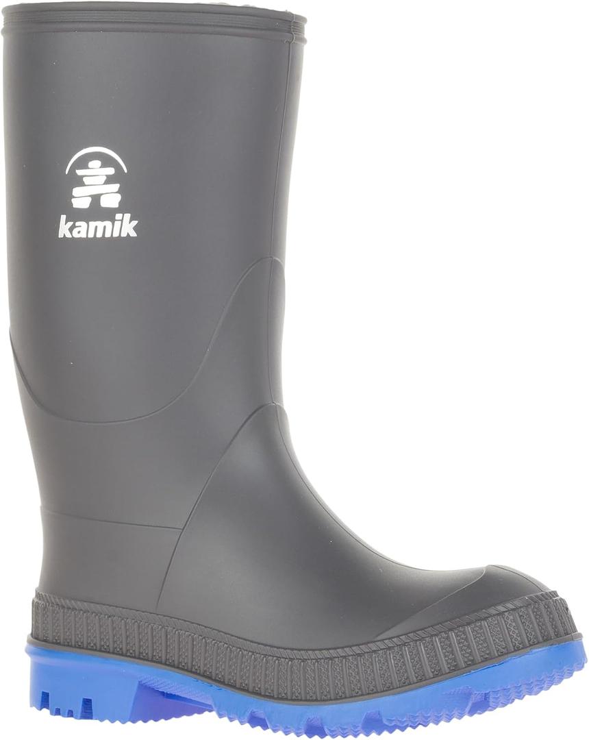 Kamik Stomp Rain Boot for Kids - Waterproof and Warm Felt Footbed Designed for Rainy Day Adventures, Charcoal/Blue - 5 Toddler