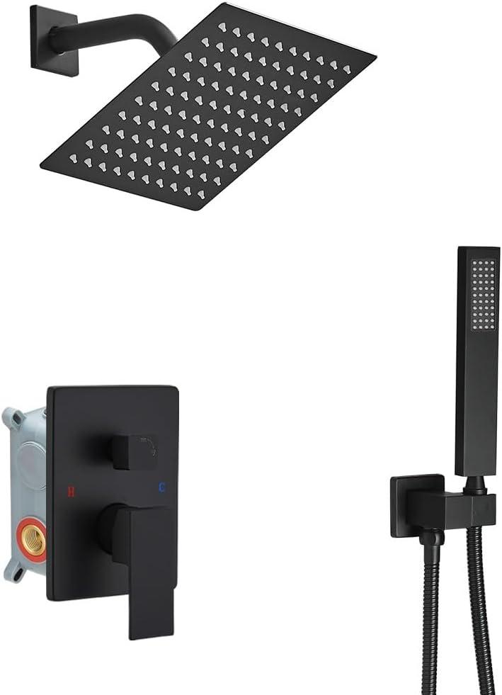 Matte Black Shower System with High Pressure 8'' Rainfall Shower Head, Handheld Shower head, Bathroom Luxury Rain Mixer Shower Combo Set Wall Mounted Shower Faucet Rough-in Valve and Trim Kit