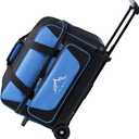 Double Roller 2 Ball Bowling Bag with Separate Shoe Compartment for Bowling Shoes (Up To US Men's Size 15) and Oversized Accessory Pocket, Retractable Handle - Extends to 40" (Black-Blue)