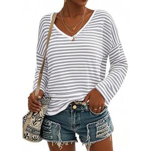 LilyCoco Womens Striped Shirt V Neck Casual Long Sleeve T Shirts Grey, X-Large