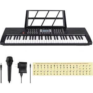 61 Key Keyboard Piano,Portable Electronic Digital Piano for Beginners with Built-In Speaker Microphone,Piano Note Stickers,Sheet Music Stand and Power Supply