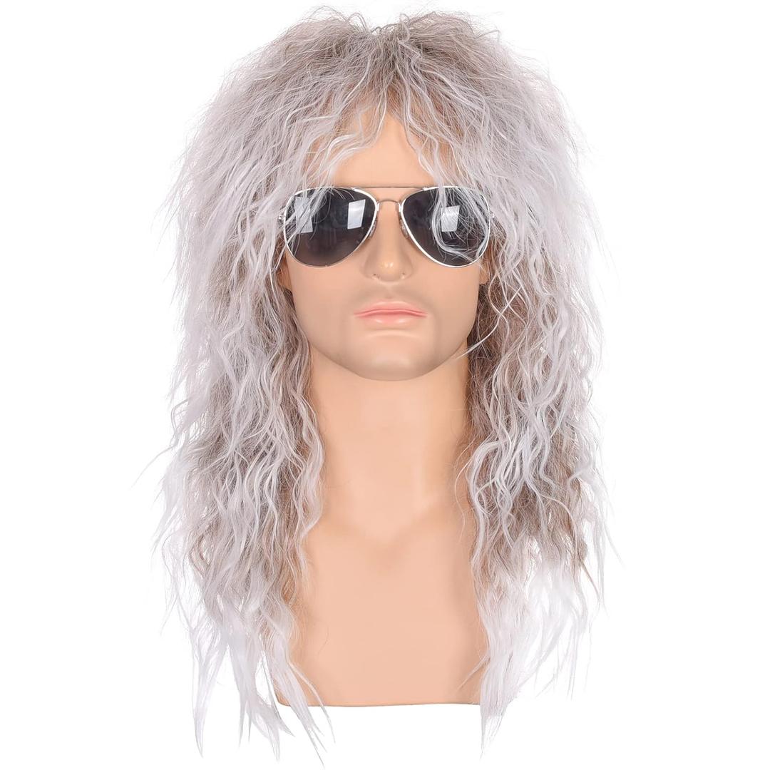 Morvally Mens 80s Style Wigs | Long Curly Silver Gradient Brown Synthetic Hair | Heavy Metal, Glam Rock-Rocker Wig | Perfect for Halloween, Cosplay, DIY Themed Costume Party
