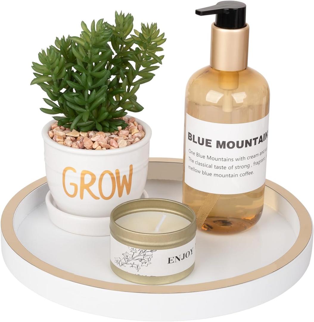 Bathroom Counter Tray Wooden Decorative Tray Round Perfume Organizer Kitchen Soap Organizer Vanity Storage for Candle, Sink, Home Decor, 9 Inch, White+gold