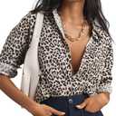 EZAPINE Women's Leopard Print Long Sleeve Button Down Shirts Casual Loose Fit V Neck Collared Tops Blouses, Size: L
