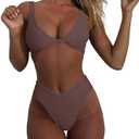 geluboao Bikini Set for Women Solid V Neck Knot Front Push Up High Leg Thong Two Piece Swimsuit Size M