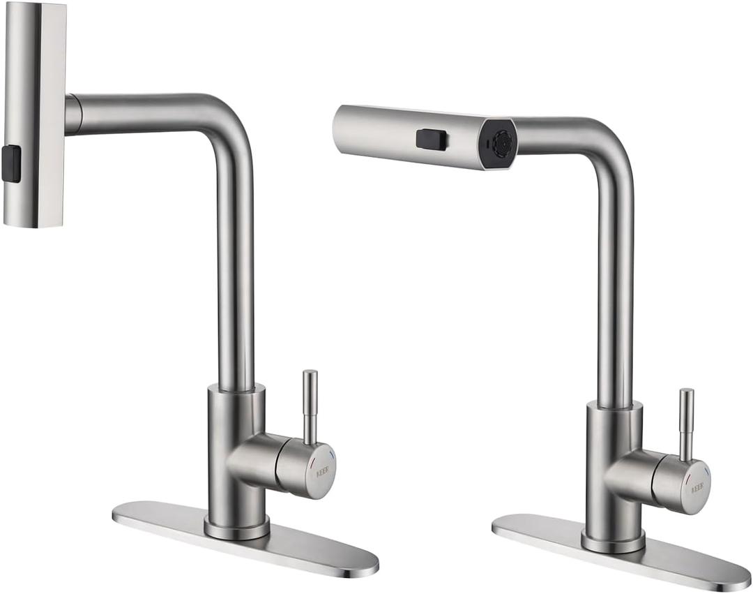 KEER Waterfall Kitchen Faucet with Pull Down Shower, Single Handle and 360 Swivel Stainless Steel Single Hole Kitchen Sink Faucet, Brushed Nickel