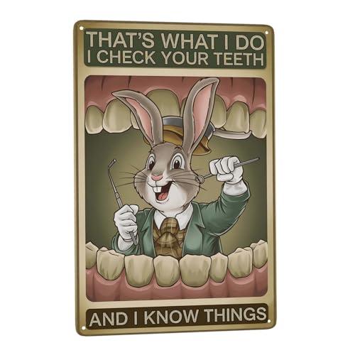 Rabbit Dentist Retro Poster 8X12IN "I Check Teeth & Know Things" Vintage Clinic Wall Decor for Dental Office & Animal Humor Gifts