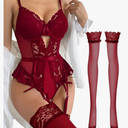 Lilosy Sexy Stocking Lace Mesh Bodysuit Top Underwire Garter Lingerie Set 3 Piece, Size Large