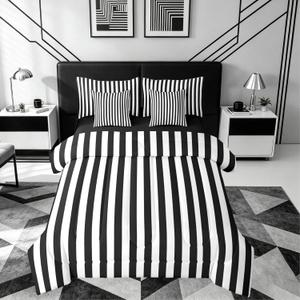 Feelyou Black White Striped Comforter Set Full Size 7 Pieces Striped Bedding Set Kids Boys Girls Basic Simple Bed in a Bag with Comforter, Sheets, Pillowcases, Cushion Covers Bedroom Decor