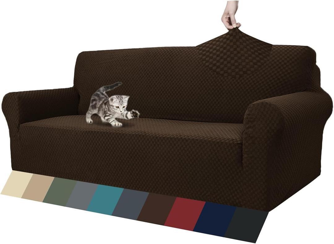 ZNSAYOTX 1 Piece Jacquard Couch Covers for 3 Cushion Couch Living Room High Stretch Sofa Cover Pets Dogs Friendly Anti Slip Thickened Slipcovers Furniture Protector (Sofa, Dark Coffee) (Large (71"-90"))