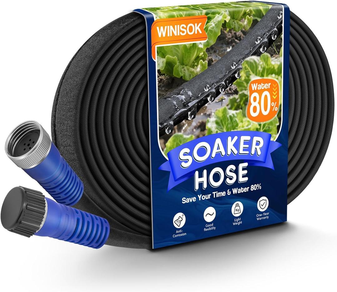 Winisok 200FT Soaker Hose, Heavy Duty Double Layer Gardening Hoses, Save 80% Water, Flexible Leakproof, Drip Irrigation Tubing for Garden Beds and Lawns (50 FT x 4Pack)
