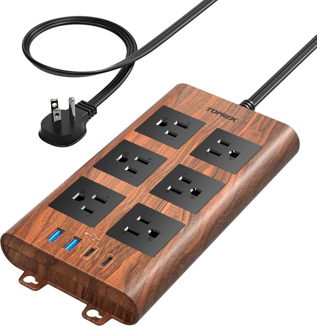 TOPREK Surge Protector Power Strip (2100J), 6 Widely-Spaced Outlets with 2 USB-C & 2 USB-A, 6.5 FT Extension Cord with Ultra-Thin Flat Plug, Wood Finish Power Strip with USB for Home, Office