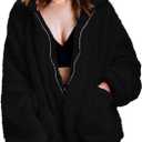 Women's Fuzzy Fleece Faux Shearling Coat, Winter Warm Oversized Jacket with Lapel Collar, Casual Zipper Outwear for Daily Use (Black) 3XL