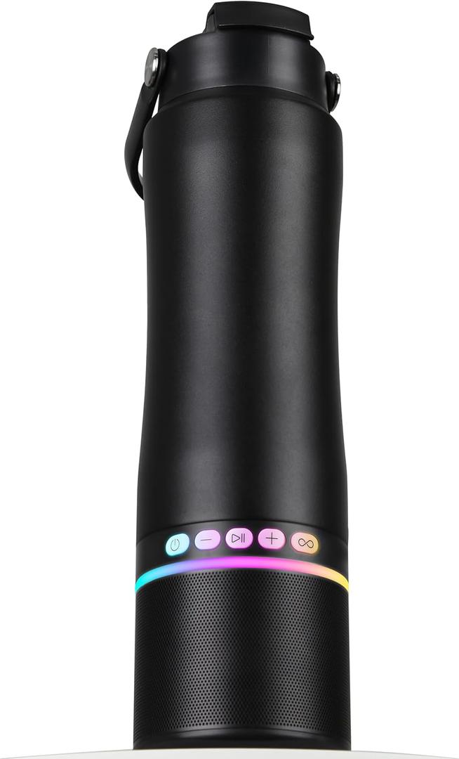 Water Bottle with Portable Bluetooth Speaker - Modular Insulated Water Bottles w/Handle, BT5.3, TWS Pairing Speaker and Stainless Steel Cups for Camping Sports Beach (Black)