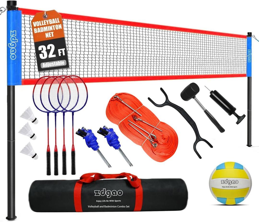 32FT Volleyball & Badminton Combo Set with Adjustable Height Poles System
