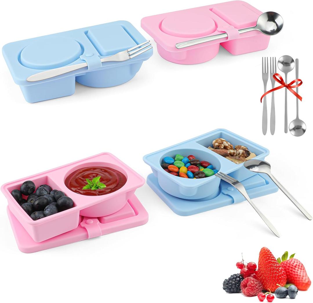 KITHELP Reusable Snack Containers with Lids, 2 Compartment Silicone Snack Prep Containers with Spoons and Forks, Double Compartment Condiment Box Salad Sauc for Portion Control, Travel4 pack